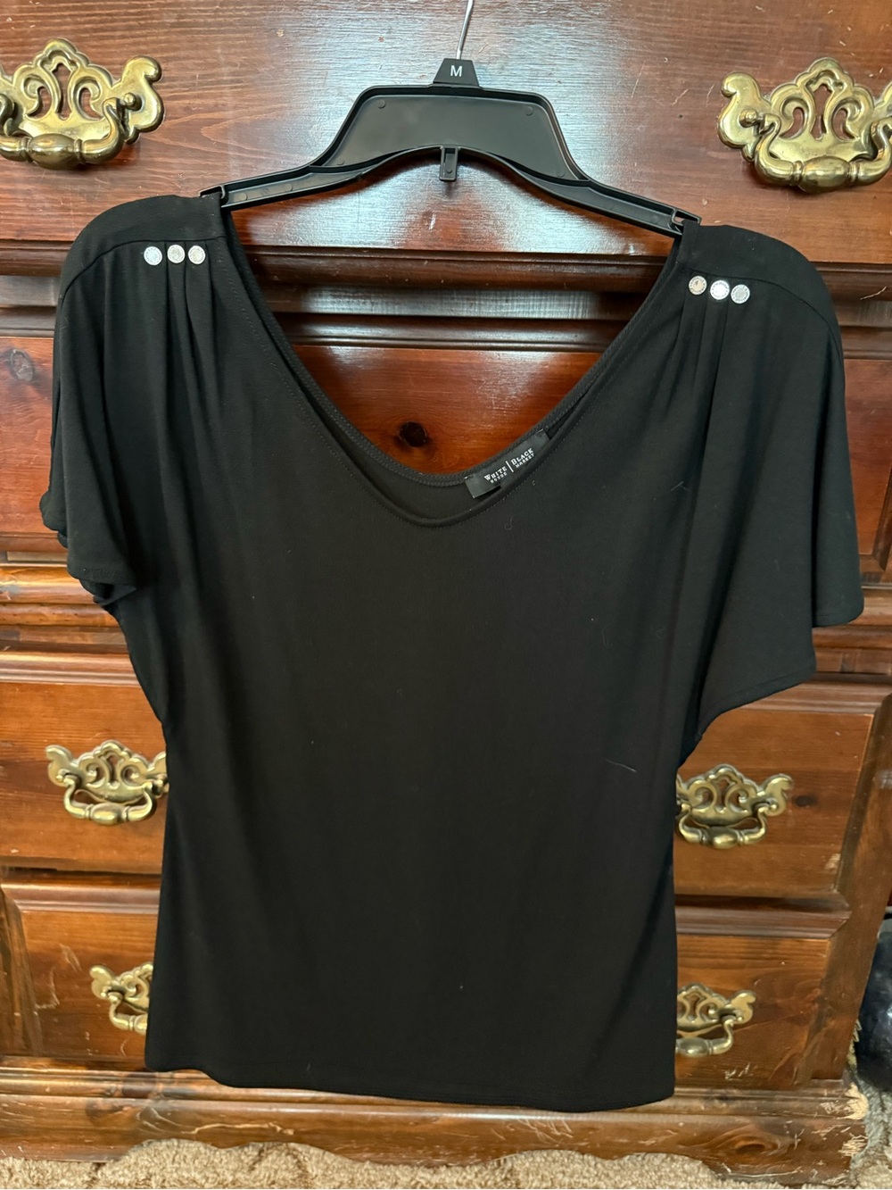 White House Black Market Black Short-Sleeve Top with Shoulder Studs